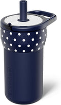 BrüMate Leap 12oz 100% Leakproof Kids Tumbler with Handle and Silicone Soft Straw | Durable Drop Resistant Silicone Sleeve | Made of Insulated Stainless Steel | Cup Holder Friendly | (Navy Polka Dots)