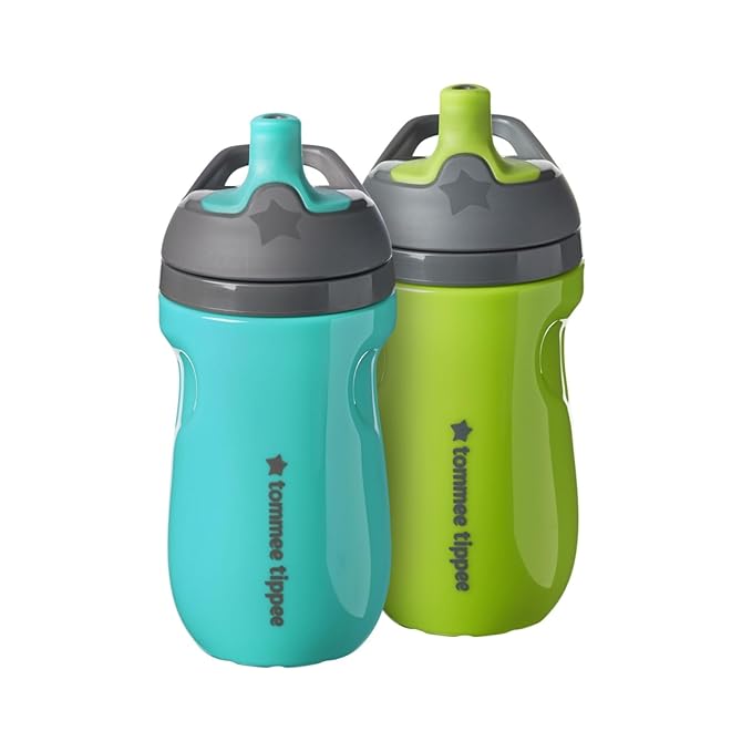 Tommee Tippee Insulated 9oz Sporty Spout Toddler Water Bottle,No Spill,Sippy Cups for Toddlers 1-3,Two-Piece Valve Helps Stop Spills,Green & Teal,BPA Free,2 Count (Pack of 6)
