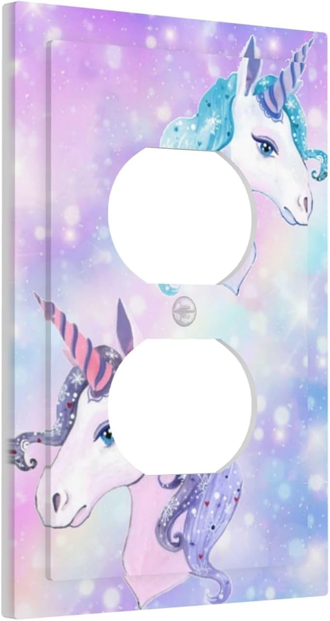 Purple/Blue Rainbow Unicorn 1 Gang Duplex Wall Plate Receptacle Outlet Covers Fantasy Cute Kawaii Kid Girl Star Cartoon Fairy Decorative Electrical Dual Device Light Switch Plug Socket Faceplate Cover