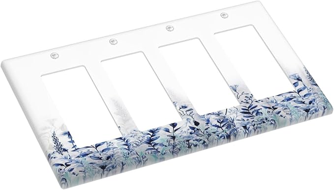 Decorative Outlet Covers Rustic Blue Plants Wildflowers Boho Leaves 4 Gang Wall Plate Cover Quad Rocker Decora Light Switch Covers Plate Jumbo Electrical GFCI Switch Plate Cover