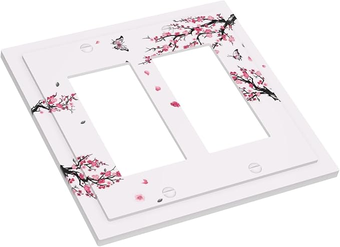 Pink Watercolor Cherry Blossom Flowe Tree Branch Floral Decorative Outlet Covers 2 Gang Double GFCI Rocker Electrical Wall Panels Light Switch Cover Plate for Bedroom Living Room Decor