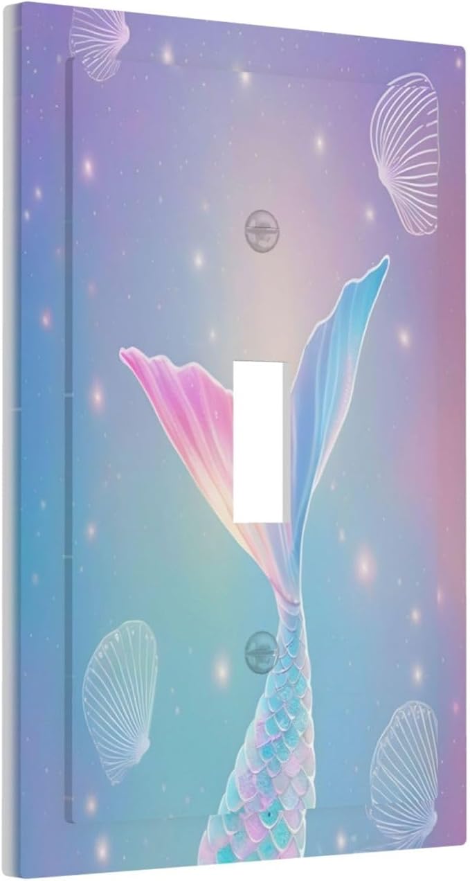 Cute Mermaid Pink Tail Scales Shells Colorful Ocean Decorative Light Switch Cover 1 Gang Single Toggle Device Electrical Faceplate Switchplates Decorator Outlet Wall Plate for Kids Room Nursery Decor