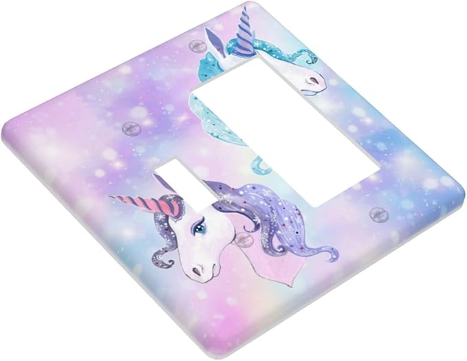 Girl Purple Pink Rainbow Blue Unicorn 2 Gang Single Toggle/Decorator Combination Light Switch Cover Decorative Combo 1-Toggle/1-GFCI/Rocker Wall Plate Cover
