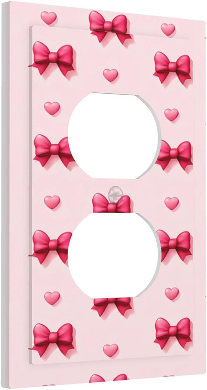 Pink Bow & Heart Duplex Wall Plate - 1-Gang Standard US Size Preppy Coquette Outlet Covers, Sweetheart Girly Pattern for Girls Room