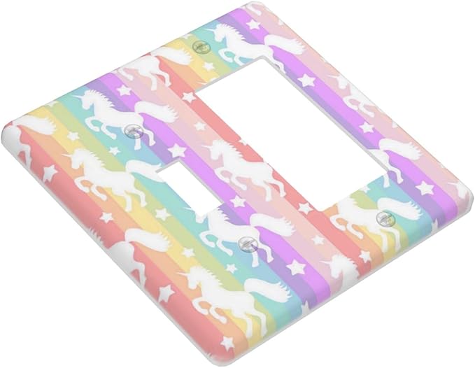 Purple Pink Girly Kid Girl Cute Colorful Rainbow Unicorn Decorative Single Toggle/Rocker Combo Light Switch Cover 2-Gang Electrical Wall Plate Double Combination Switch Decorator GFCI Receptacle Cover