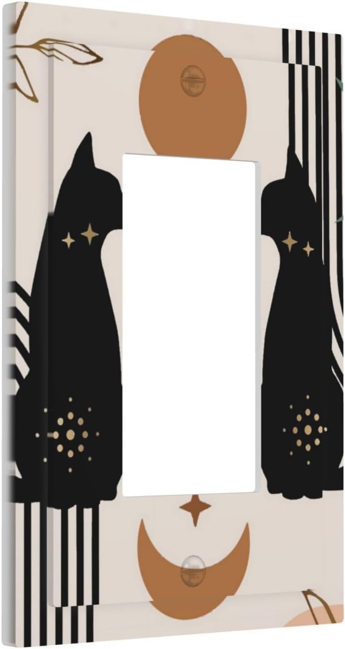1 Gang Single Decorator/Rocker Wall Plate Cute 70S Mid Century Abstract Cat Boho Moon Phase Sun Light Switches GFCI Electrical Device Face Switchplate Plug Cover for Dimmers, Receptacle, USB Outlet