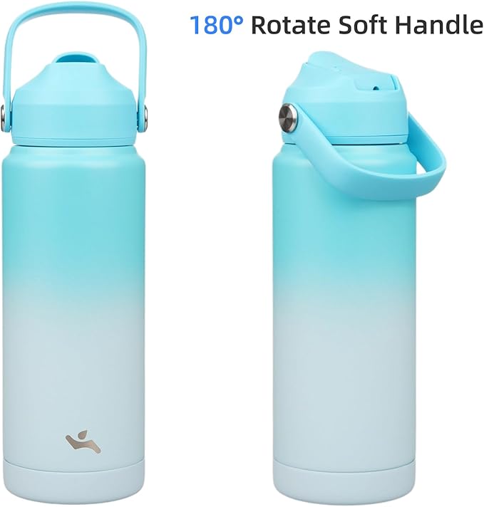 Konokyo Insulated Water Bottle with Straw Lid,24 oz Stainless Steel Vacuum Metal Bottle with Silicone Handle,Sea Salt