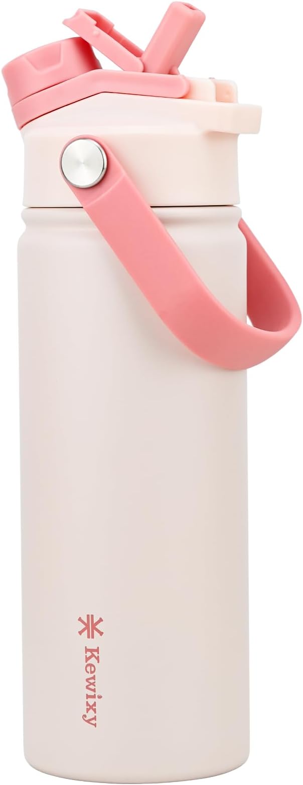 KEWIXY 18 oz Insulated Water Bottle with Straw, 2-in-1 Lid, Straw & Spout, Leak Proof, Cup Holder Fit, Stainless Steel with Handle, Reusable, Metal, for Travel, Gym and School (Pale Pink)