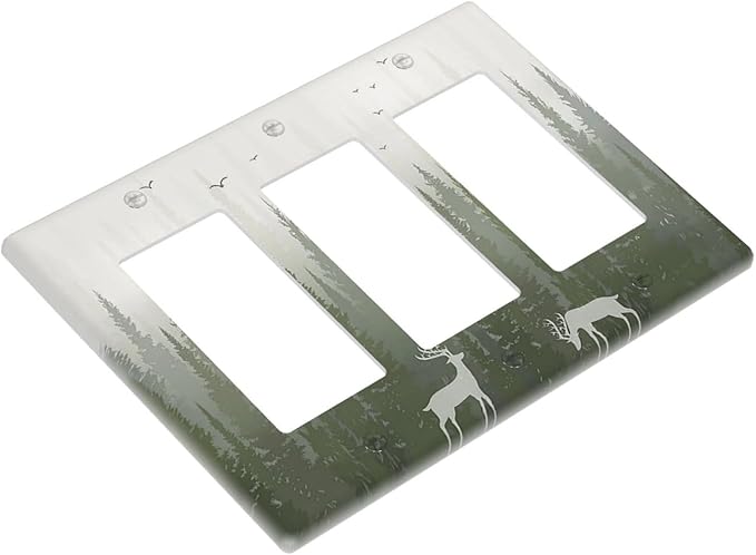 Green Pine Tree Deer Country forest Bird Nature Mist Light Switch Covers 3 Gang Rocker Decorative Triple Outlet Wall Plate Cover Switchplate Electrical Gfci for Bedroom Home Decor