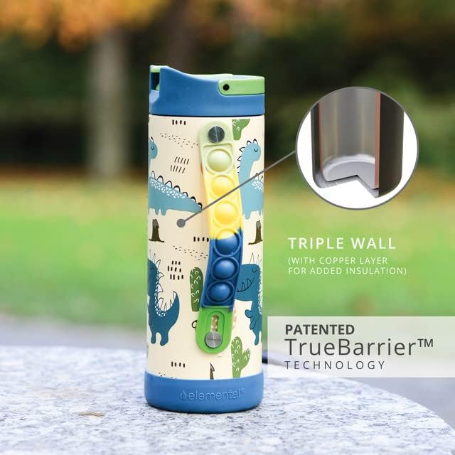 Elemental Iconic Kids Water Bottle for School - 100% Leak-Proof Insulated Water Bottles with Straw Lid & Pop-It Handle for Boys & Girls - Triple-Wall Insulated & BPA-Free, 14oz – Dinosaur