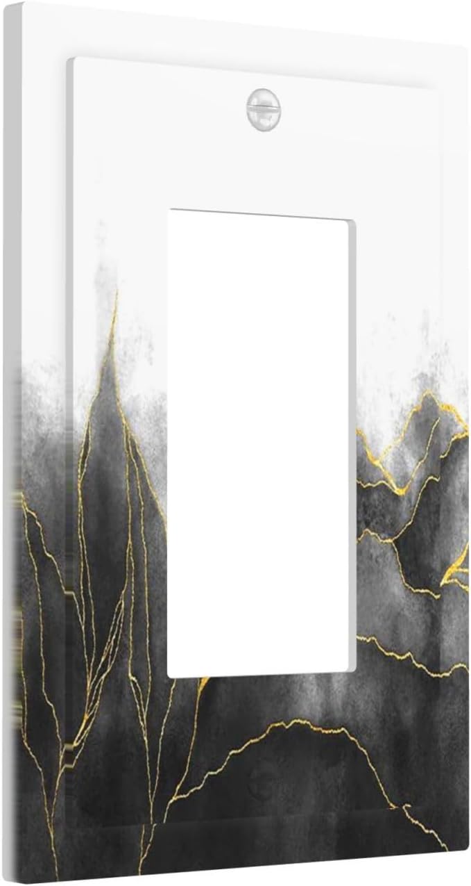 Decorative Outlet Covers Black And Gold Marble White Golden Leaves 1 Gang Single Rocker Light Switch Cover Plate Wall Plates GFCI Faceplate for Bedroom living Room Decor