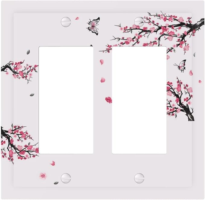 Pink Watercolor Cherry Blossom Flowe Tree Branch Floral Decorative Outlet Covers 2 Gang Double GFCI Rocker Electrical Wall Panels Light Switch Cover Plate for Bedroom Living Room Decor