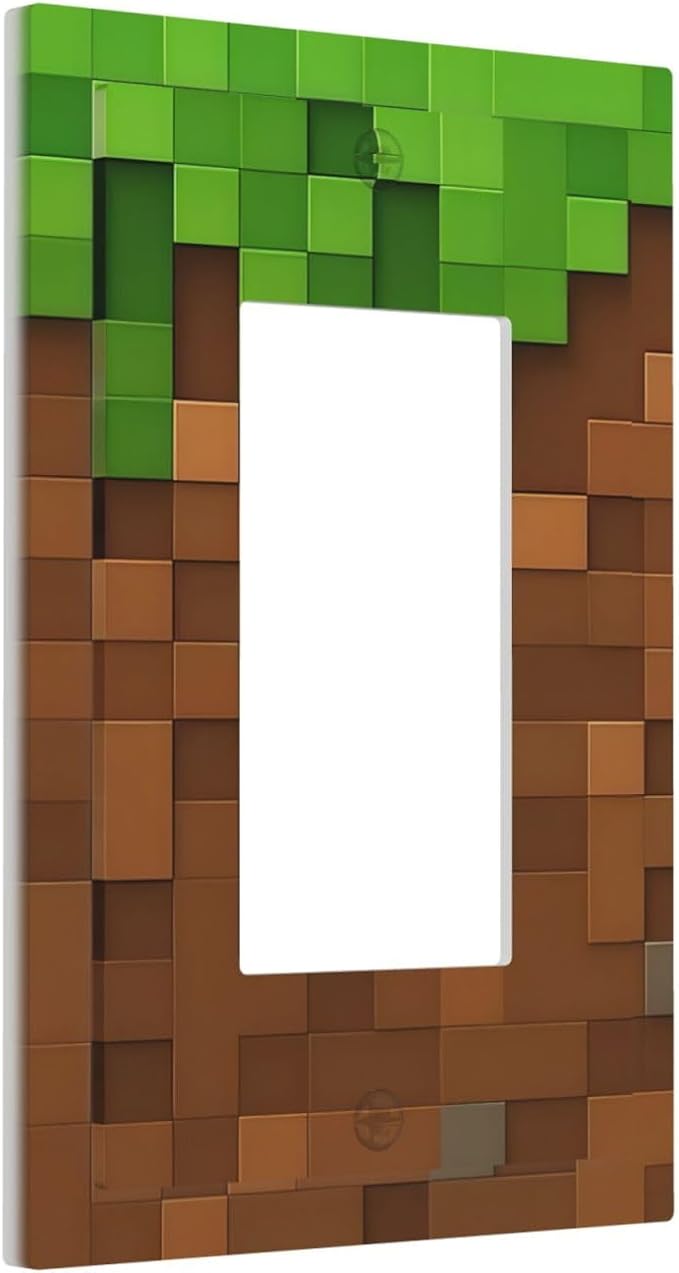 Pixel Style Gamer Themed Grass Block Decorative Outlet Covers 1 Gang Single Rocker Light Switch Cover Plate Wall Plates GFCI Faceplate for Kids Room Office Home Decor