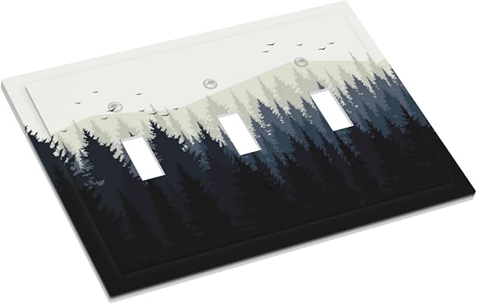 Decorative Switch Plates Forest Pine Tree Mountains Black Bird 3 Gang Wall Plate Triple Toggle Light Switch Cover Faceplate Electrical Wall Panels For Bed Room Farmhouse Decor