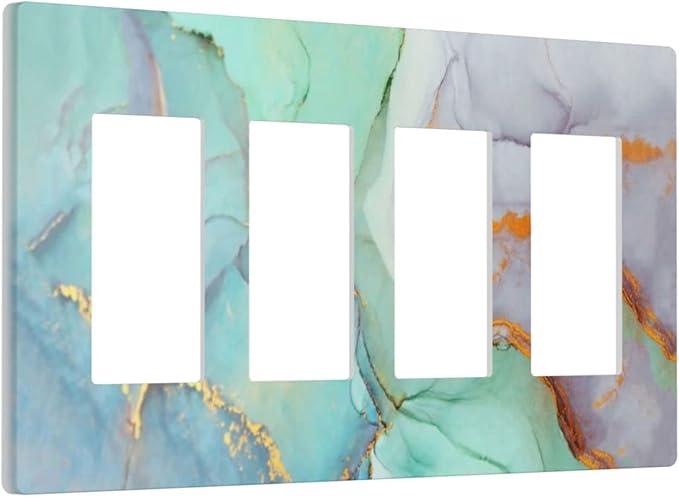 Teal Green Marble 4 Gang Quad Rocker/Decor Light Switch Cover Plate Decorative Electrical Faceplate for Bathroom Room Decorate Jumbo Size Screwless 8.3" x 4.6