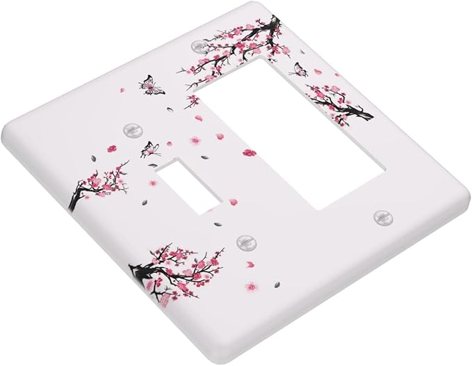 Pink Watercolor Cherry Blossom Flowe Tree Branch Floral Outlet Covers 1 Toggle 1 Rocker Combination Decorative Wall Plate Electrical Switch Plates Light Switch Cover Plate for Bedroom Living Room