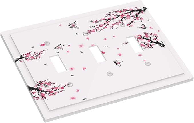 Pink Watercolor Cherry Blossom Flowe Tree Branch Floral Decorative Switch Plates 3 Gang Wall Plate Triple Toggle Light Switch Cover Faceplate Electrical Wall Panels for Bedroom Living Room Decor
