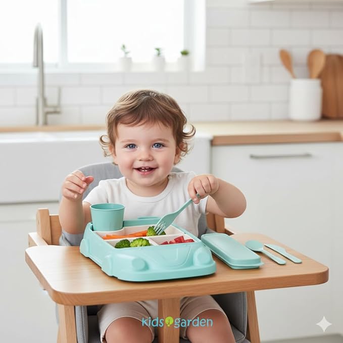 Kids garden Car Plate 8Pcs/Set Bamboo Children Dinnerware Sets - Dishwasher/Microwave Safe Includes Cutlery, Beautiful Plate, Separable Bowls & Cup Happy MealTime, Light Green, YK-001