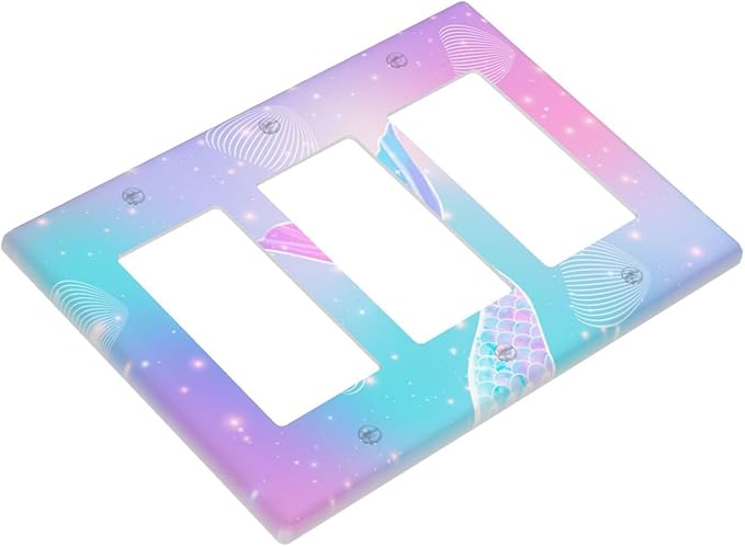 Mermaid 3 Gang Rocker Outlet Covers Triple Rocker Light Switch Cover Rainbow Tail Scales Jelly Fish Switchplates Decorative Electrical Wall Plate for Nursery Girls Boys Room Kids Room Decor
