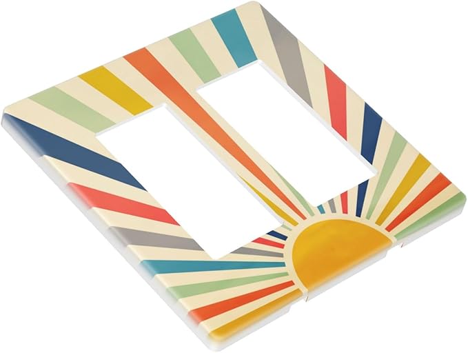 Retro Vintage Hippie Rainbow Boho 70s Mid Century Sun Abstract Sunrise 2 Gang Screwless Double GFCI Decorator/Rocker Outlet Light Switch Wall Plate Covers Decorative Dual Device Receptacle Faceplate