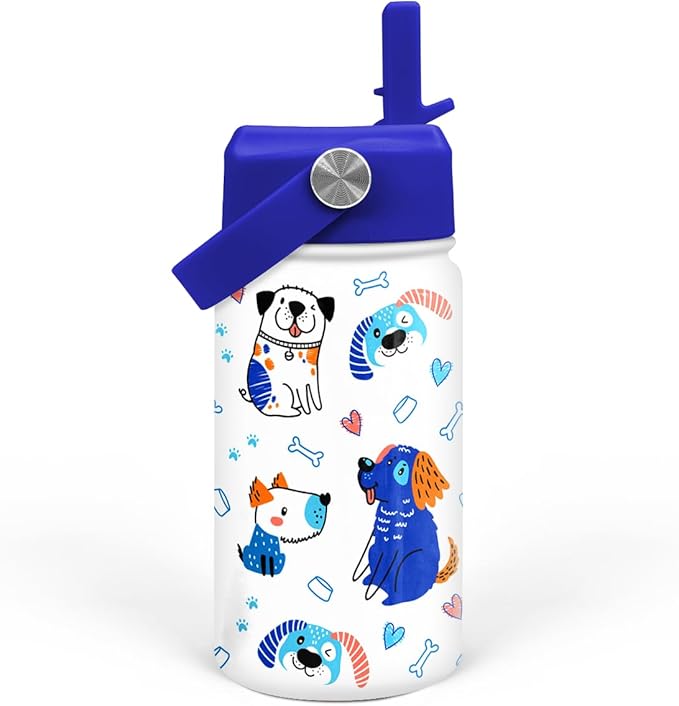 SANDJEST Dog Water Bottle - Kids Water Bottle with Straw Lid - 12 Oz Insulated Stainless Steel Water Bottles for Kid Boys - Travel Cup for School Sports