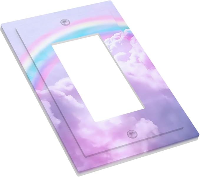 Rainbow in the Clouds Single Rocker Outlet Wall Plates Pink Art Panel 1 Gang Light Switch Cover Decorative Purple Cloud Electrical GFCI Switchplate Cute Dimmer for Bedroom Kidroom Nursery Decor