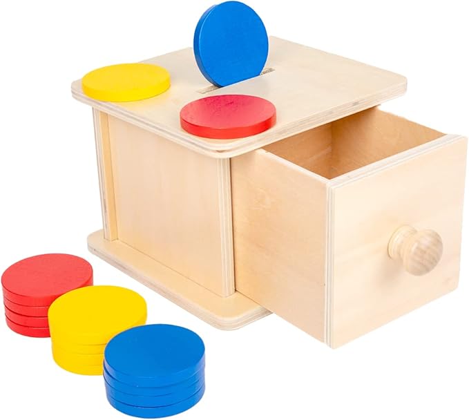Adena Montessori Coin Box,Object Permanence Box Toys for 1 Year Old Baby Coins,Wooden Montessori Ball Drop Developmental Toys for 6-12 Month Infant,Learning Kids Gifts(Typical Drawer Comes Out)