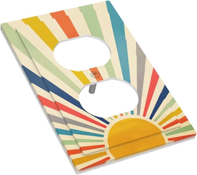 Retro Vintage Hippie Rainbow Sun 1 Gang Duplex Wall Plate Receptacle Outlet Covers 70s Boho Mid Century Art Abstract Sunrise Sunset Electrical One Gang Dual Device Light Switch Faceplate Socket Cover