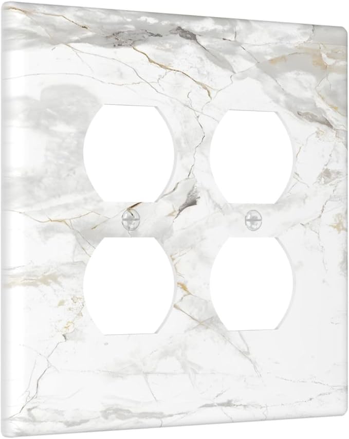 White Marbling Golden Stream Lines Print Outlet Covers 2 Gang Double Duplex Decorative Light Switch Covers Electrical Wallplates Socket Faceplate for Bathroom Kitchen Decor