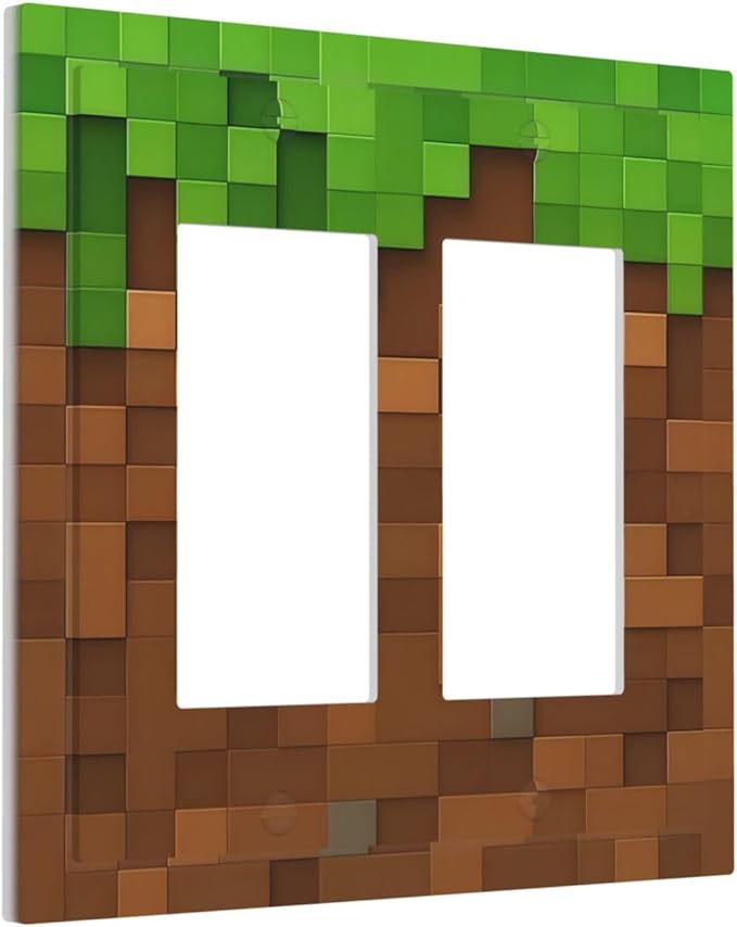 Pixel Style Gamer Themed Grass Block Decorative Outlet Covers 2 Gang Double GFCI Rocker Electrical Wall Panels Light Switch Cover Plate for Kids Room Office Home Decor