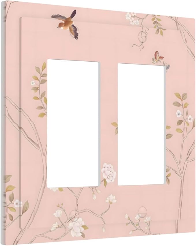 Pink Background Flowers Bird Butterflies Floral Decorative Outlet Covers 2 Gang Double GFCI Rocker Electrical Wall Panels Light Switch Cover Plate for Bedroom Living Room Decor