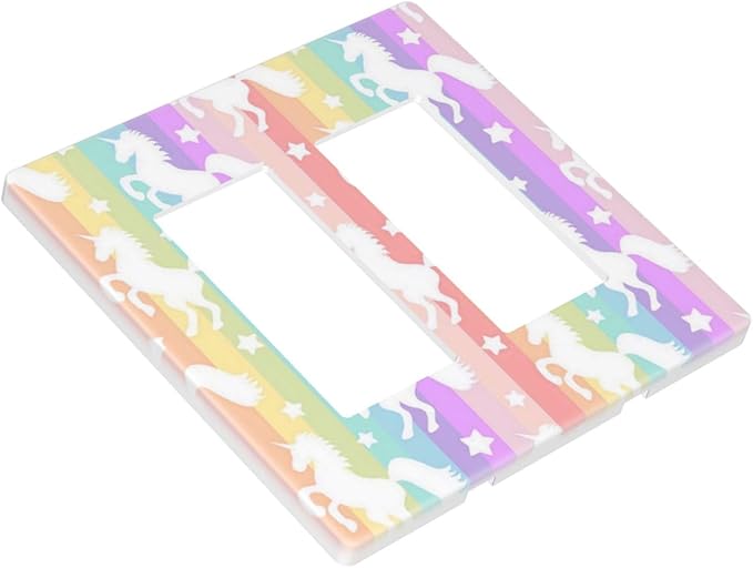 Colorful Kids Girl Cute Rainbow Purple Pink Yellow Stripes Unicorn 2 Gang Screwless Double Decorator/GFCI Wall Plate Rocker Outlet Light Switch Decorative Two Dual Device Receptacle Face Plate Cover