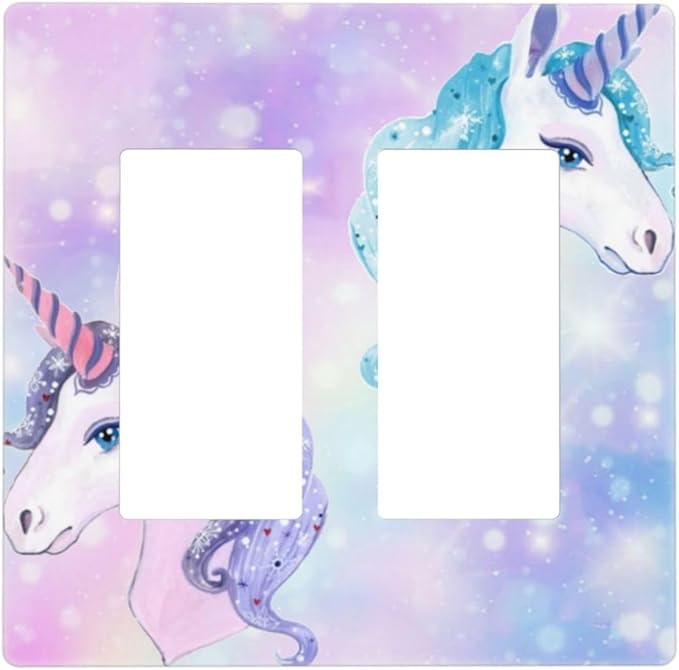 Cute Funny Cartoon Colorful Rainbow Purple/Blue Unicorn 2 Gang Double Decorator GFCI/Rocker Wall Plate Kawaii Princess Stars Electrical Outlet Decorative Receptacle Cover Light Switch for Dimmer, USB