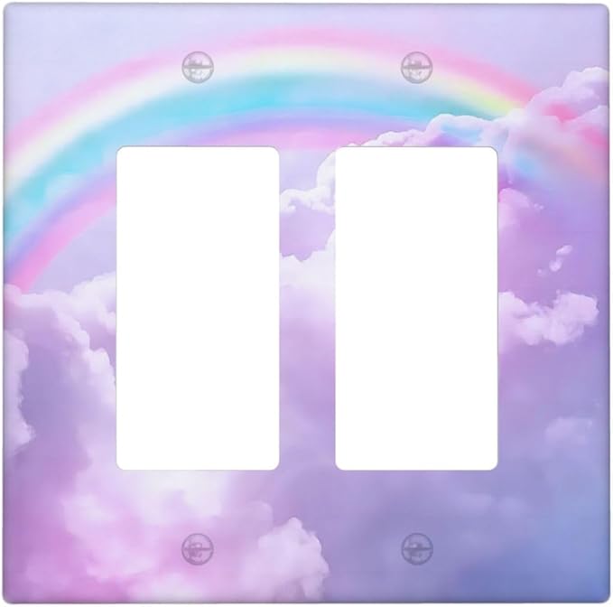 Rainbow in the Clouds Double Rocker Wall Plates Pink Art Panel 2 Gang Light Switch Cover Decorative Purple Cloud GFCI Electrical Switchplate Cute Dimmer for Bedroom Kidroom Nursery Decor