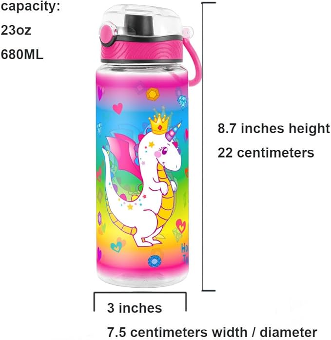 Home Tune Cute Water Bottle for School Kids Girls, BPA FREE Tritan & Leak Proof & Easy Clean & Carry Handle, 23oz/ 680ml (Dragon)