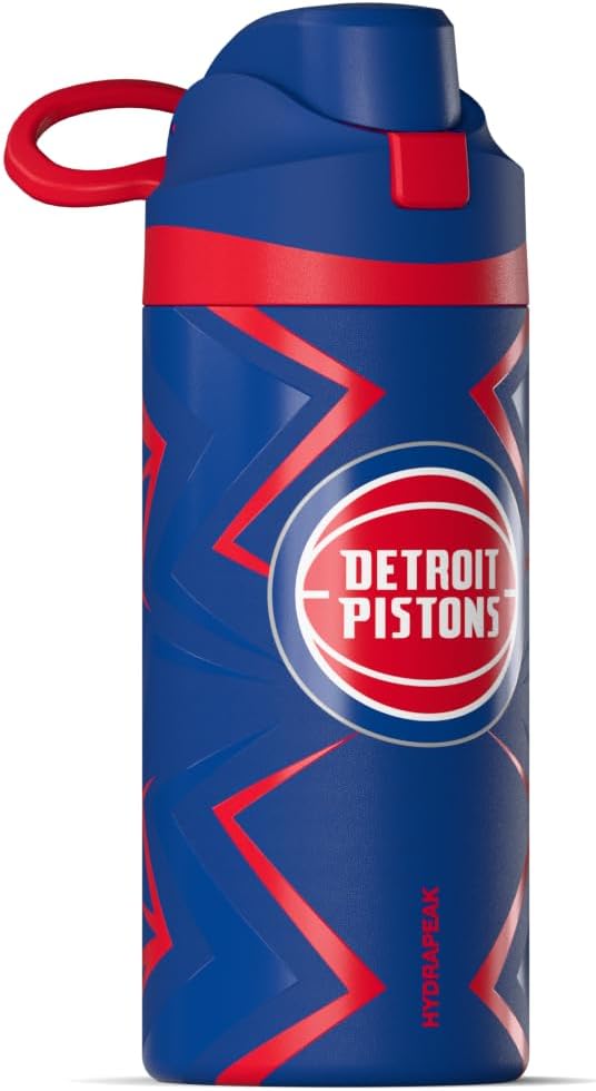 Hydrapeak x NBA Officially Licensed Detroit Pistons Oasis 20 oz Insulated Kids Water Bottle, Stainless Steel Water Bottle Kids with Chug Lid, Push Button