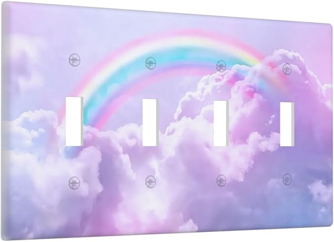 Rainbow in the Clouds Quad Toggle Wall Plates Decorative Pink Art Panel 4 Gang Light Switch Cover Purple Cloud Electrical Switchplate Faceplate Cute Dimmer for Bedroom Kidroom Nursery Decor
