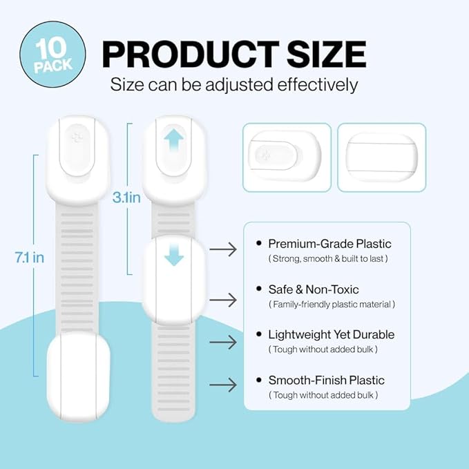 Fridge Strap Locks for Kids (10 Pack) Baby Proof Fridge Lock with Strong 3M Adhesive, Child Safety Refrigerator & Cabinet Locks for Toddlers and Adults