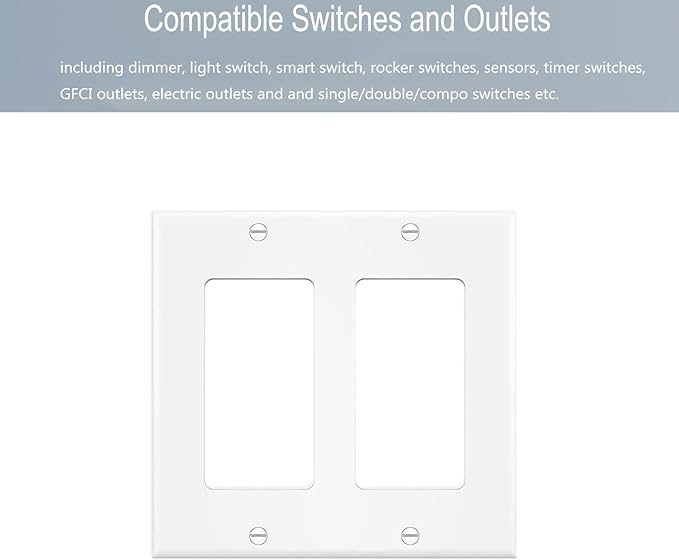 2-Gang Decorator Wall Plate Cover Double Switch Outlet Electrical Faceplate for Light Switche, Smart Switch, Receptacle, Dimmers, USB Outlet, GFCI, White (10-Pack)