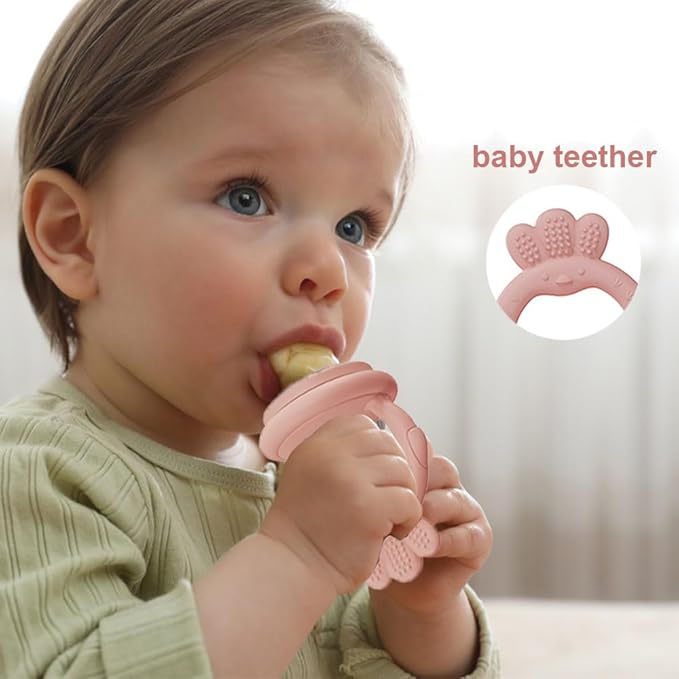 Baby Food Fruit Feeder with Freezer Tray Breastmilk Popsicle Molds Silicone Fruit Feeder for Self Feeding Teething Relief Toys (Pink)