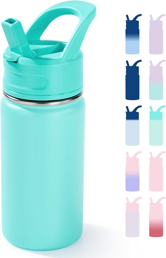 Fijinhom 12oz Kids Water Bottle for School, Toddler Bottles with Straws, Stainless Steel Vacuum Insulated Water Bottle for Boys&Girls, Leak-Proof, BPA-Free, Green