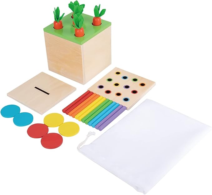 Adena Montessori 3 in 1 Wooden Montessori Play Kit Baby Toys,Includes Matchstick Color Drop Game,Carrot Harvest Game and Coin Box,Learning Toy for Kid 1,2,3 Year Old,Girl Boy Gift for Baby 6-12 Month