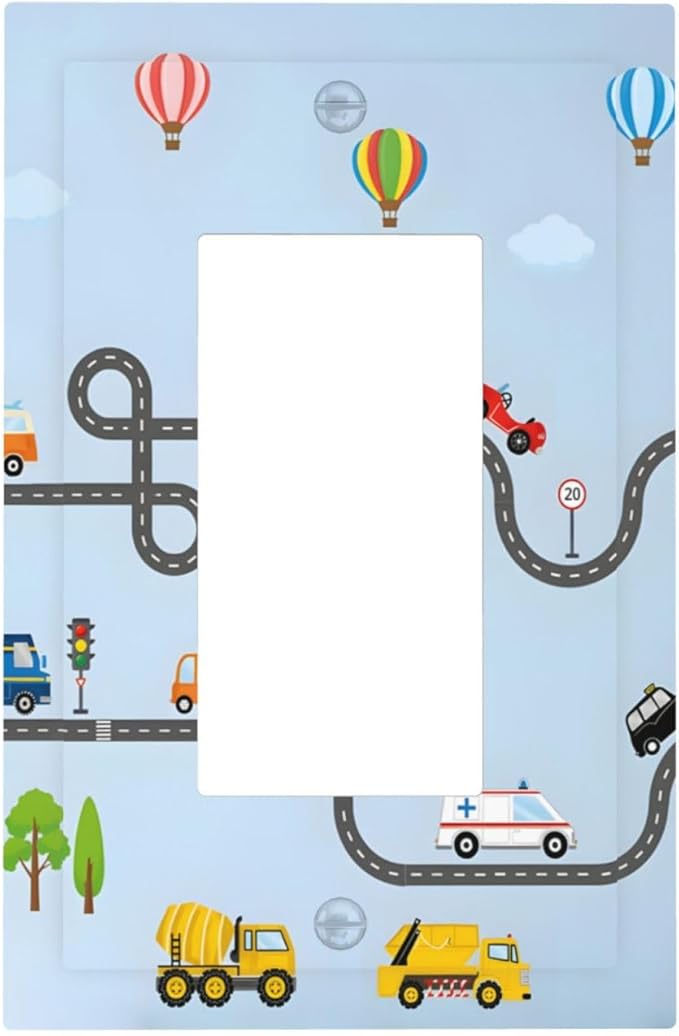 Road Construction Car Truck Hot Air Balloon Decorative Outlet Covers 1 Gang Single Rocker Light Switch Cover Plate Wall Plates GFCI Faceplate for Nursery Kids Room Decor