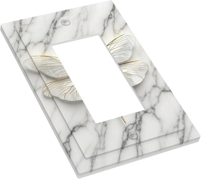 White Gold Marble Dragonfly Abstract Modern Decorative Outlet Covers 1 Gang Single Rocker Light Switch Cover Plate Wall Plates GFCI Faceplate for Bathroom Home Decor