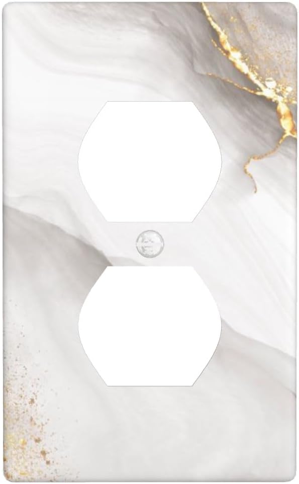 White Gold Gray Marble 1-Gang Duplex Wall Plate, Modern Decorative Outlet Cover for Kitchen, Bathroom, Living Room & Bedroom