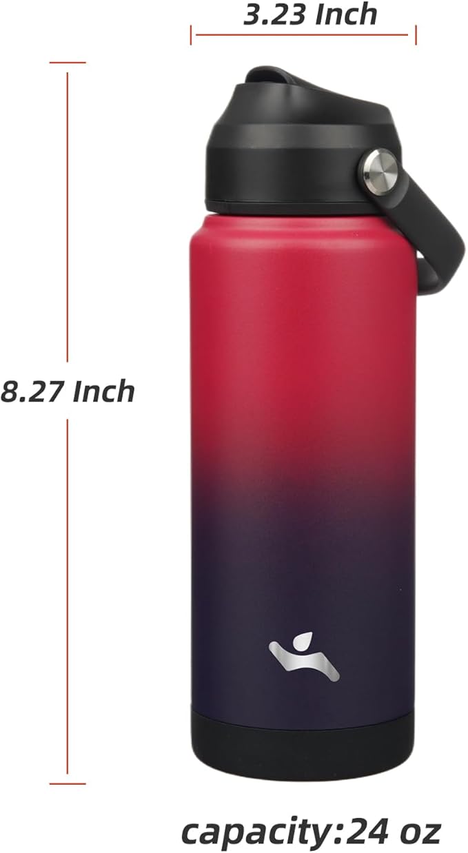 Konokyo Insulated Water Bottle with Straw Lid,24 oz Stainless Steel Vacuum Metal Bottle with Silicone Handle,Rosy Red