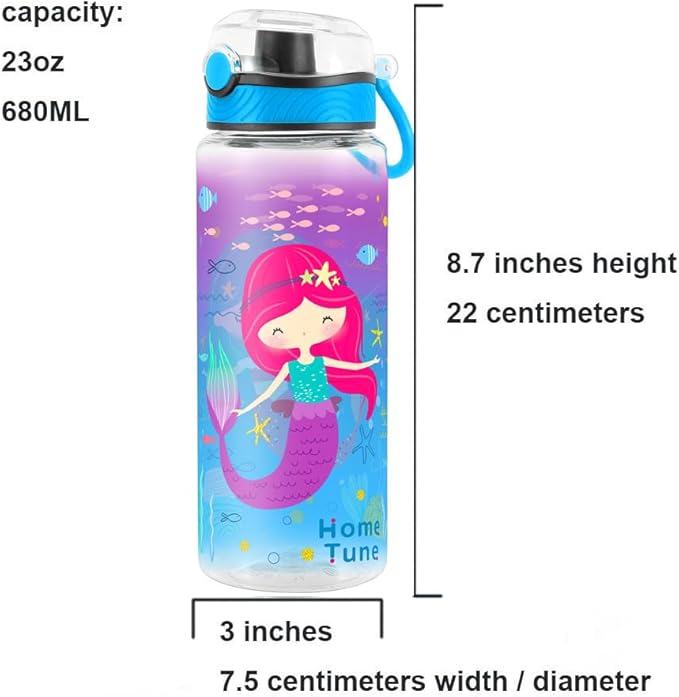 Home Tune Cute Water Bottle for School Kids Girls, BPA FREE Tritan & Leak Proof & Easy Clean & Carry Handle, 23oz/ 680ml (Mermaid 2)