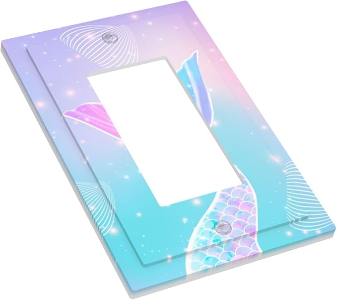 Mermaid Single Light Switch Cover Plate Rainbow Tail Scales Jelly Fish 1 Gang Rocker Outlet Covers Decorative Electrical GFCI Wallplate for Nursery Girls Boys Room Kids Room Décor