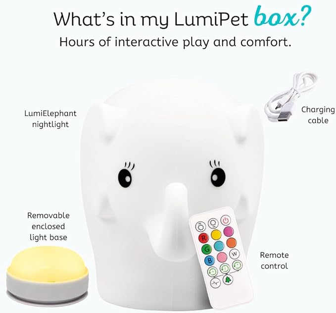 LumiPets Eggbert the Elephant Squishy Night Light for Kids | Silicone Nightlight with Tap, Remote Control | Rechargeable Color Changing Animal Light for Girls & Boys | Portable Mood Lamp With USB Cord