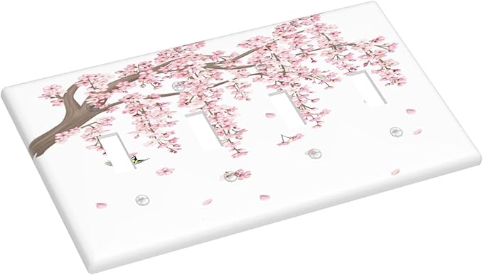 Pink Flower Tree Branch Cherry Blossom Tree Floral Birds Light Switch Covers Quad Toggle Electrical Faceplate 4 Gang Wall Plate Decorative Switch Plates Cover for Bedroom Living Room Decor